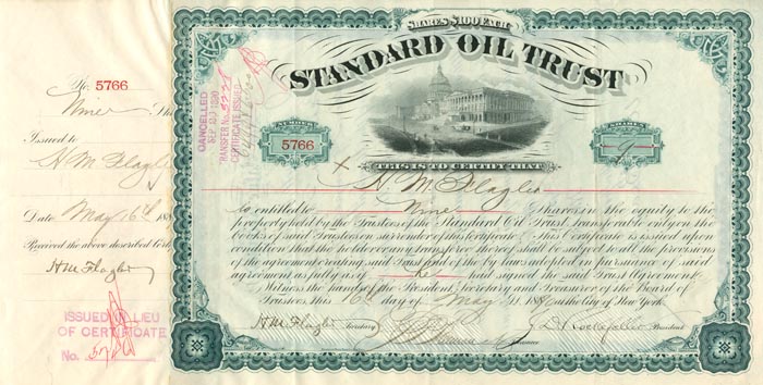 J.D. Rockefeller and H.M. Flagler signed Standard Oil Trust - Stock Certificate